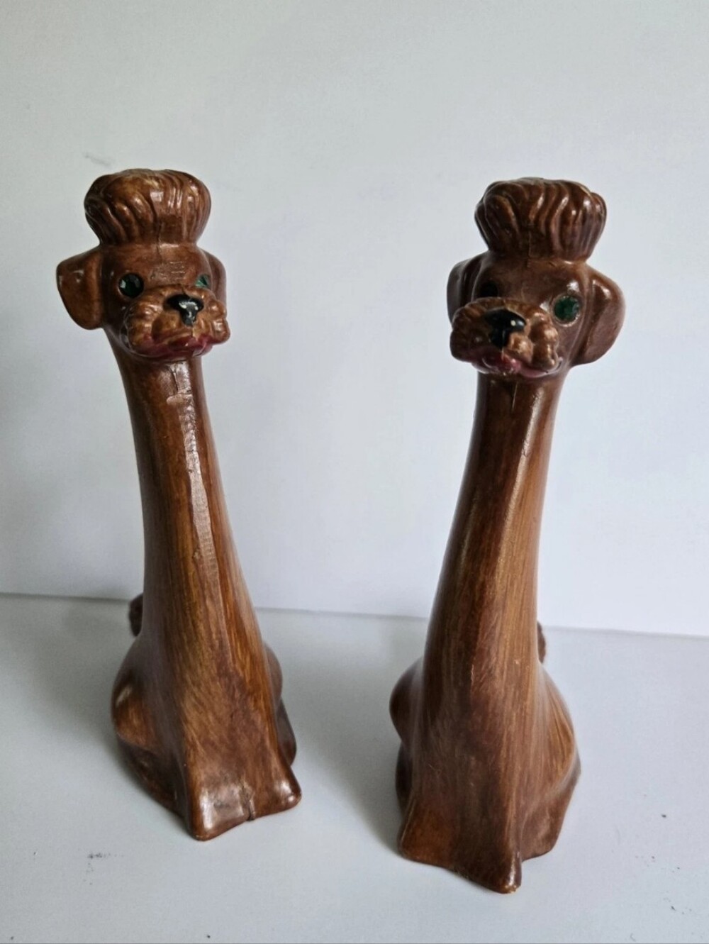 Hand Carved Wood Poodle Dog Rhinestone Eyes Figure Figurine Vintage Set